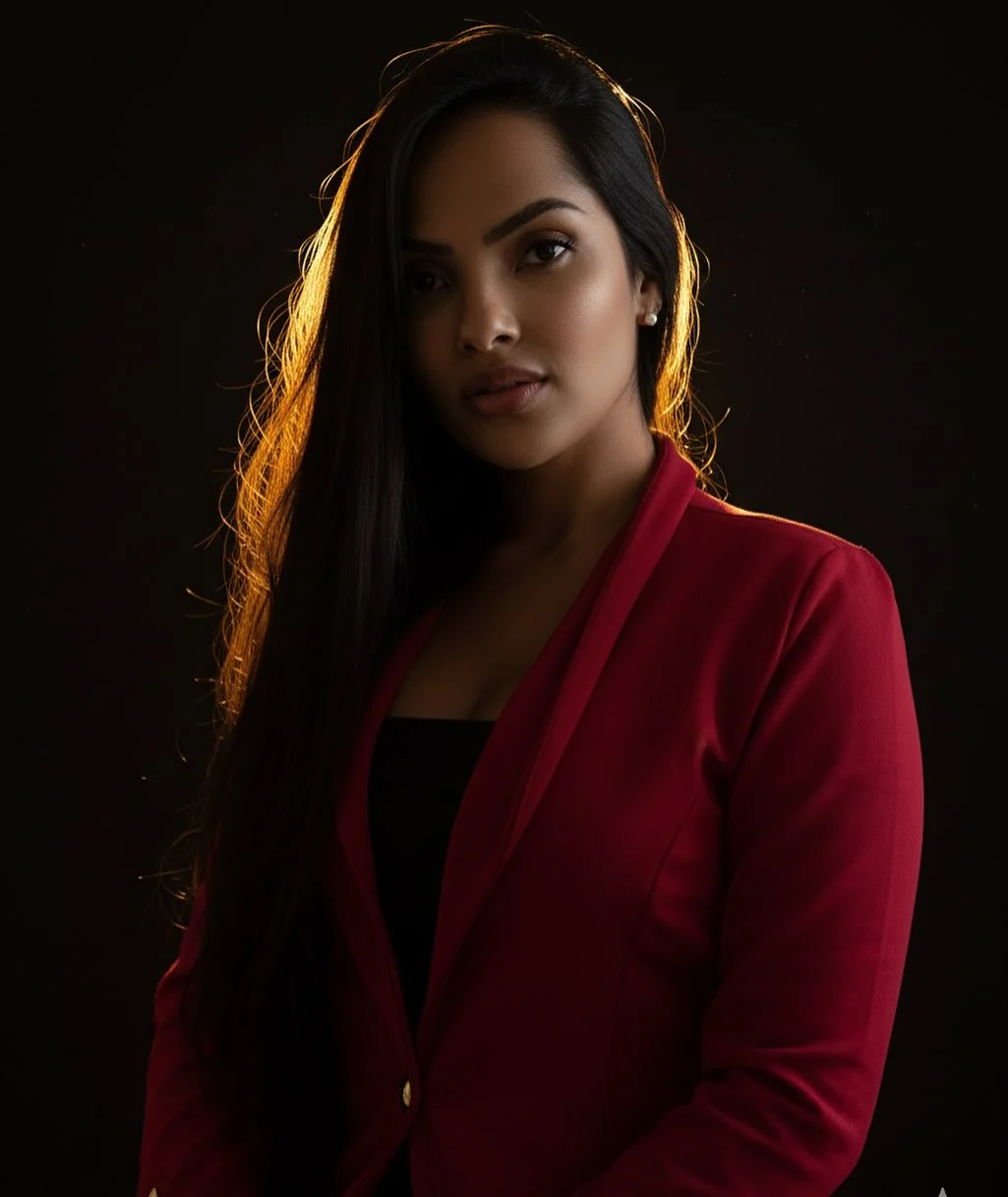Dra. Fernanda Alves de blazer carmim em retrato de estúdio, com a contraluz âmbar contornando o cabelo